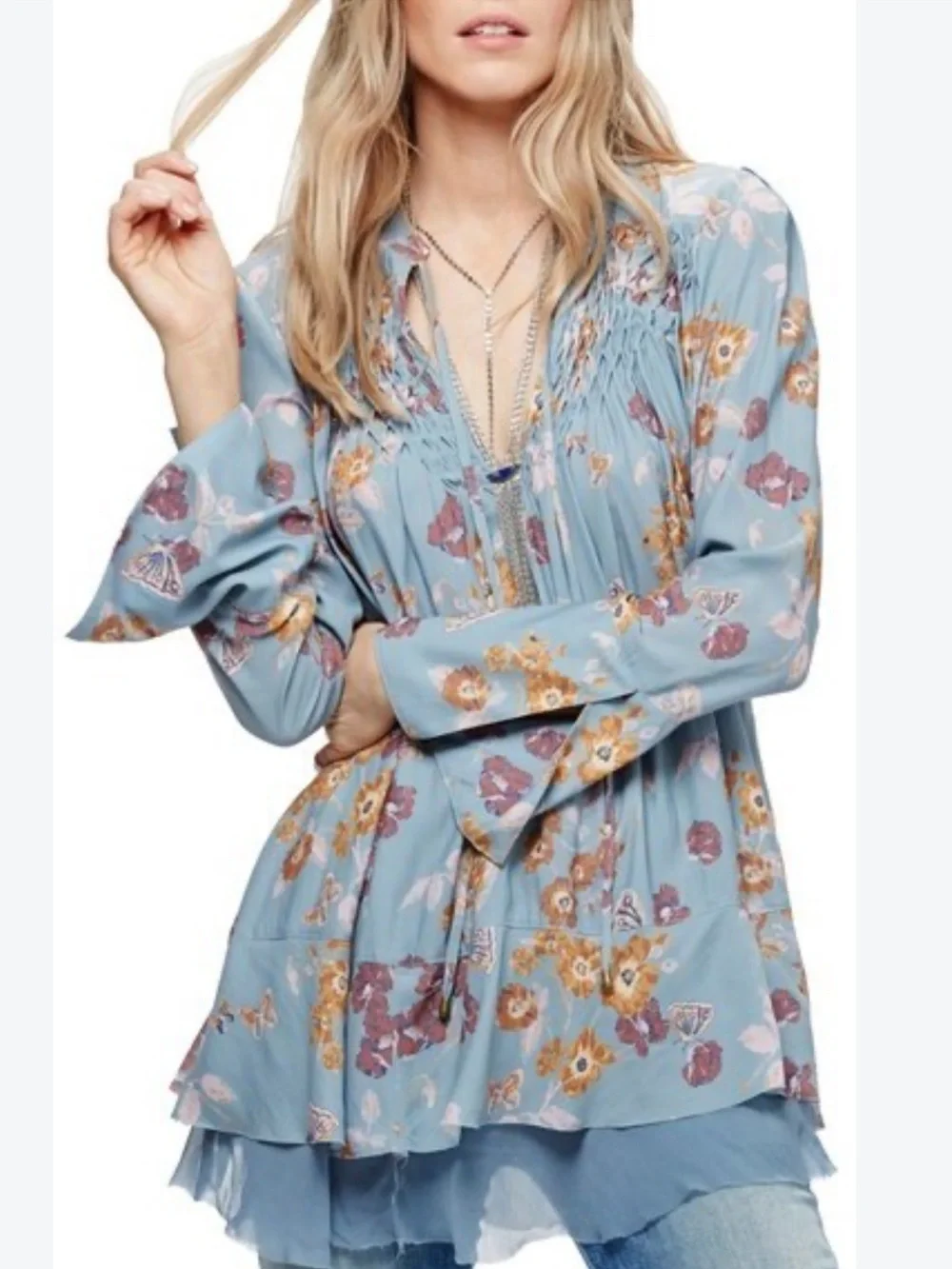 Free People Pebble Crepe Boho Floral Smocked Tunic Top Size Small